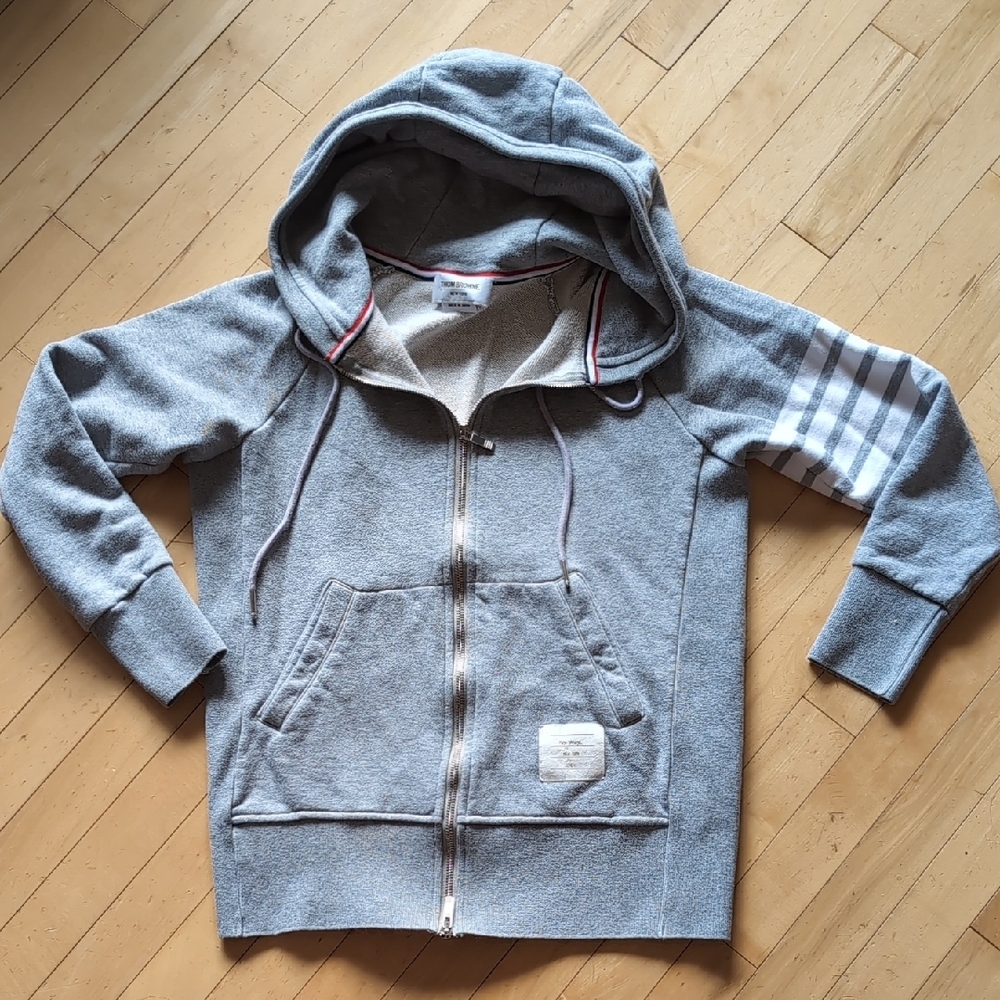 Thom Browne 4 Strip Grey Zip Up Hoodie